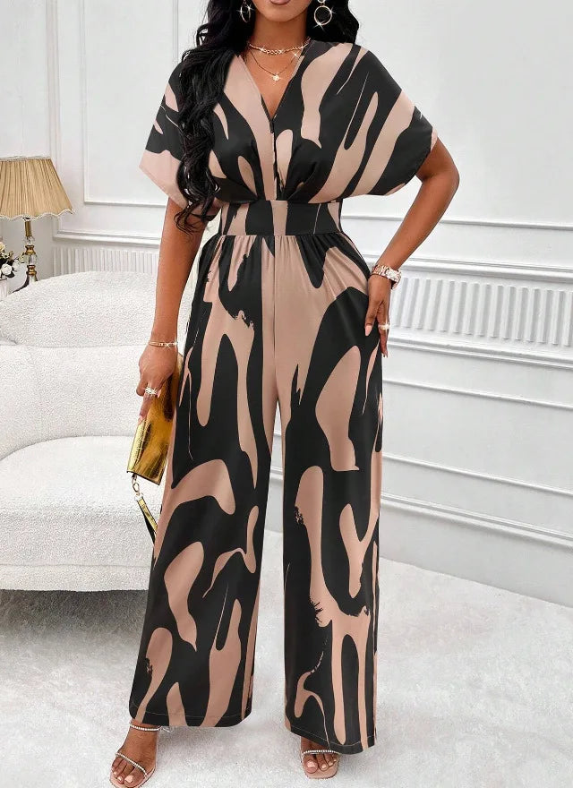 2024 Women Wide Leg Jumpsuit Spring Summer Fashion V Neck Short Sleeve High Waist Full Body Printed Jumpsuits Casual One Pieces