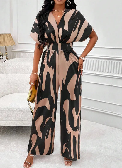 Women Wide Leg Jumpsuit Spring Summer Fashion V Neck Short Sleeve High Waist Full Body Printed Jumpsuits Casual One Pieces
