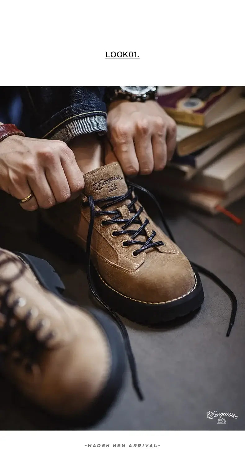 Maden Vintage Cow Shoes Lace-up Thick-soled Low-cut Work Shoes Casual Shoes for Men's Fall and Winter Dress Shoes