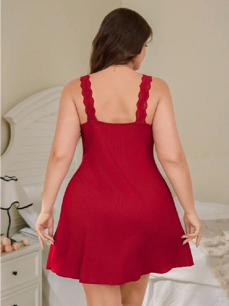 Plus Size Women's Fashionable Solid Color Elegant Lace Patchwork Camisole Nightgown Loungewear Dress