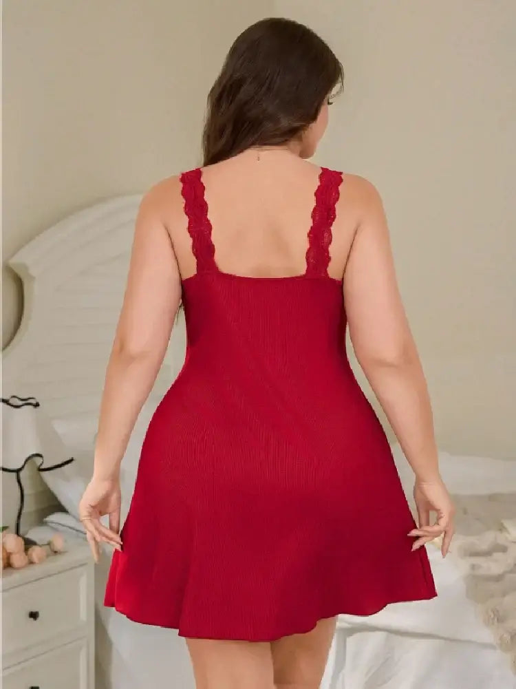 Plus Size Women's Fashionable Solid Color Elegant Lace Patchwork Camisole Nightgown Loungewear Dress