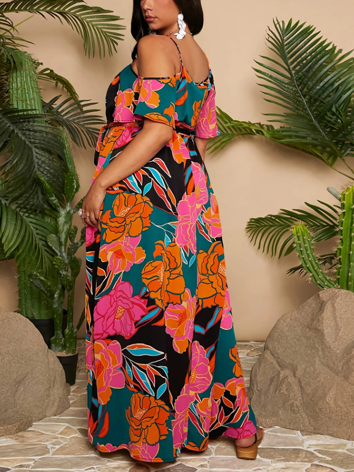 Sommer Neues elegantes schulterfreies, langärmliges Maxikleid in Übergröße, lässiges lockeres, tailliertes Kleid mit sexy Schlitz