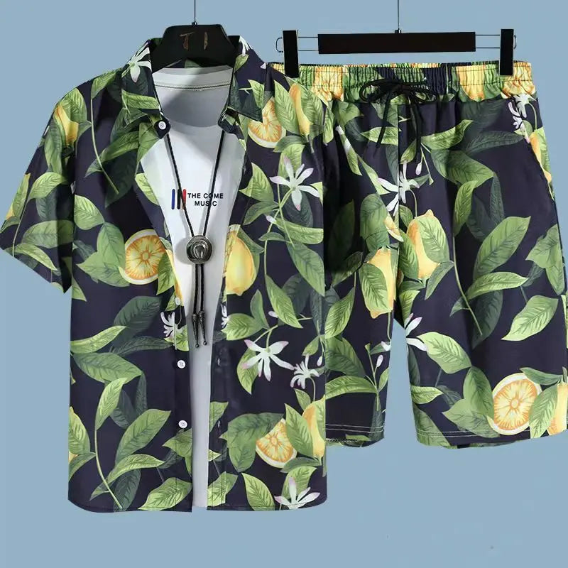 Comfortable flower grass leaf coconut tree 3D Print shirt +Shorts Two Piece Set Short Sleeve Flip collar shirts half pants