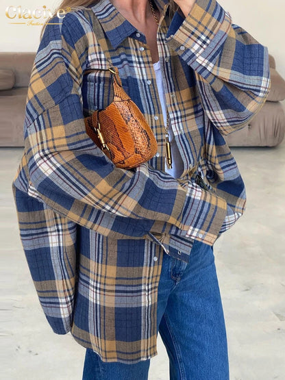 Clacive Fashion Loose Plaid Women'S Blouse  Elegant Lapel Long Sleeve Office Shirts And Blouses Vintage Oversize Top Female