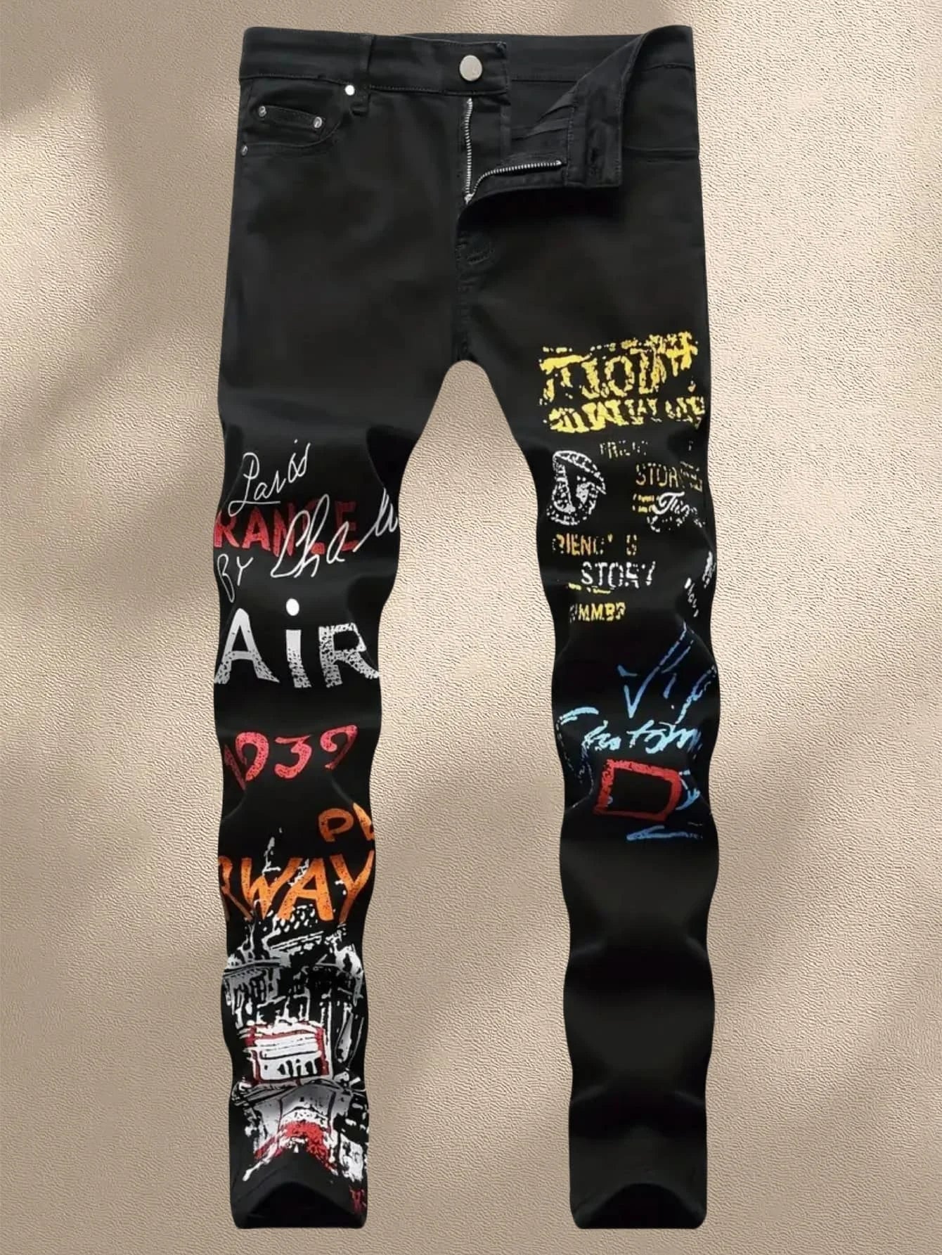 Street casual wear, men's jeans, fashionable printed patterns, classic style trousers with cinched waist design. Black color