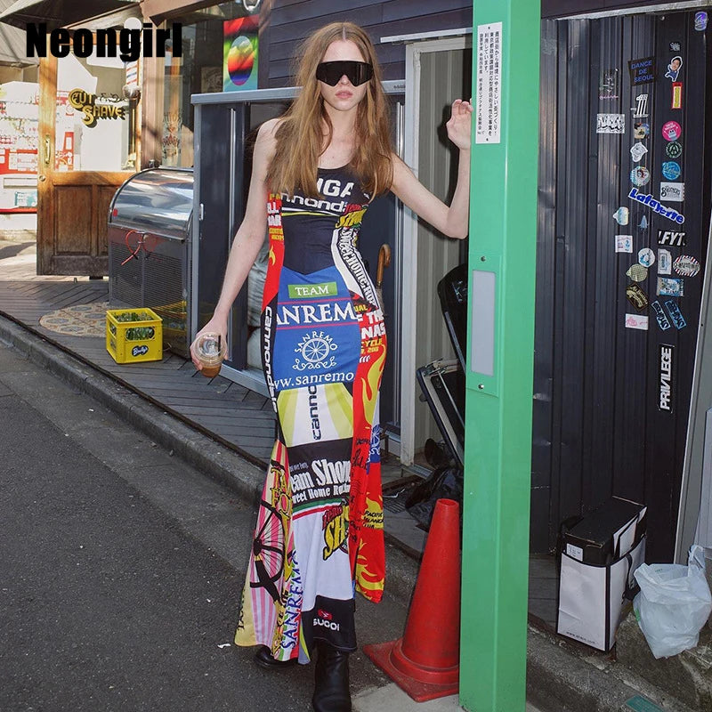 OrangeG Cyberpunk Long Trumpet Dress Sleeveless Women Streetwear Crew U Neck Letter Print Tank Motor Fashion Modern Outwear