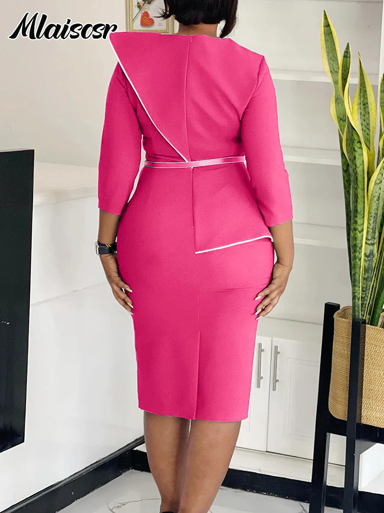 Mlaiscsr Fashion African Mid Dresses with Belt Women 3D Flowers 3/4 Sleeve O-neck Party Evening Office Lady Bodycon Vestidos