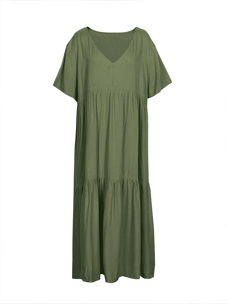 Damen Übergröße Lässiges lockeres V-Ausschnitt Einfarbiges langes Kleid Frühling Sommer Plissee Big Size Damenkleid