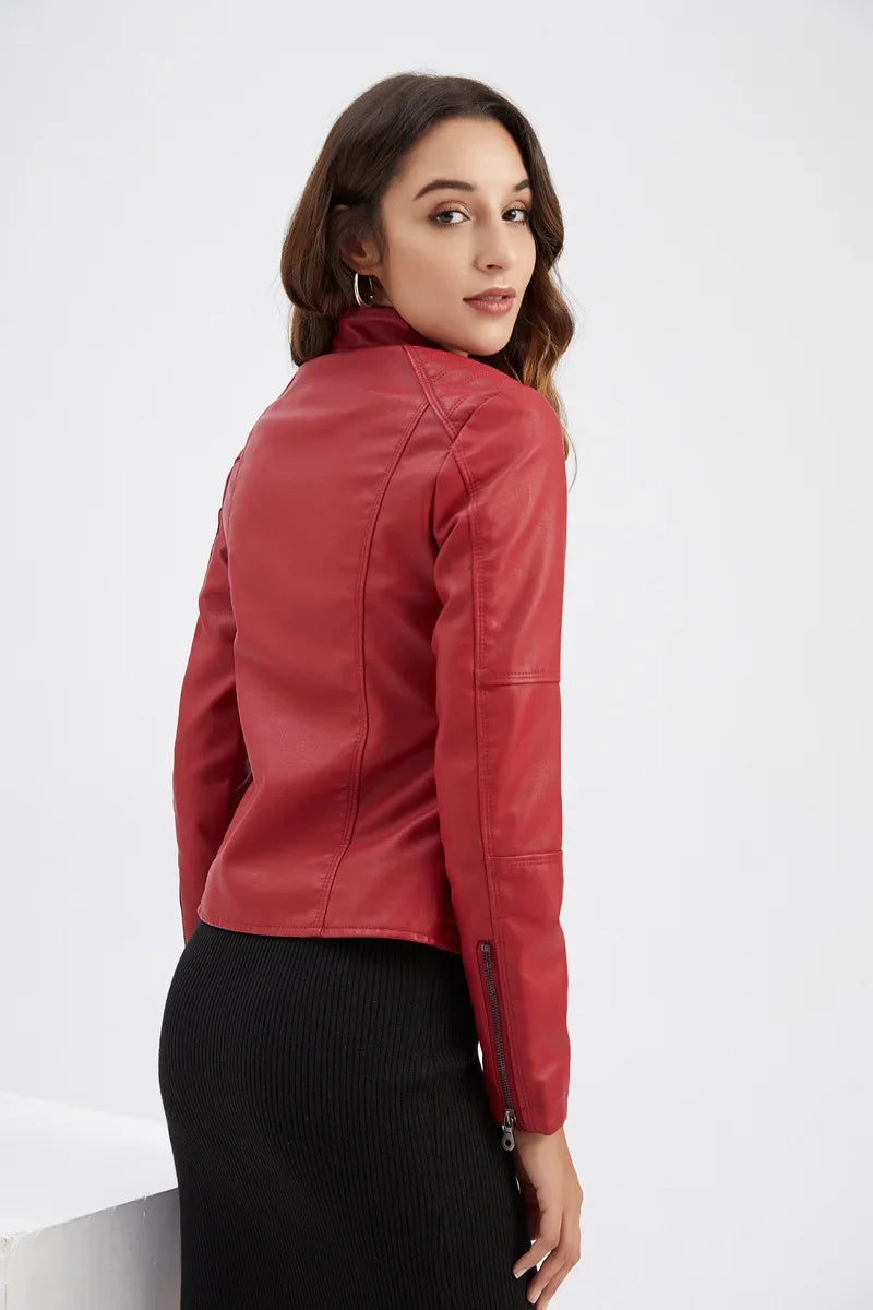 Autumn New Women's Leather Jacket, Fashionable Trim Motorcycle Women PU Coat Black Purple Brown Tops Female Menteau