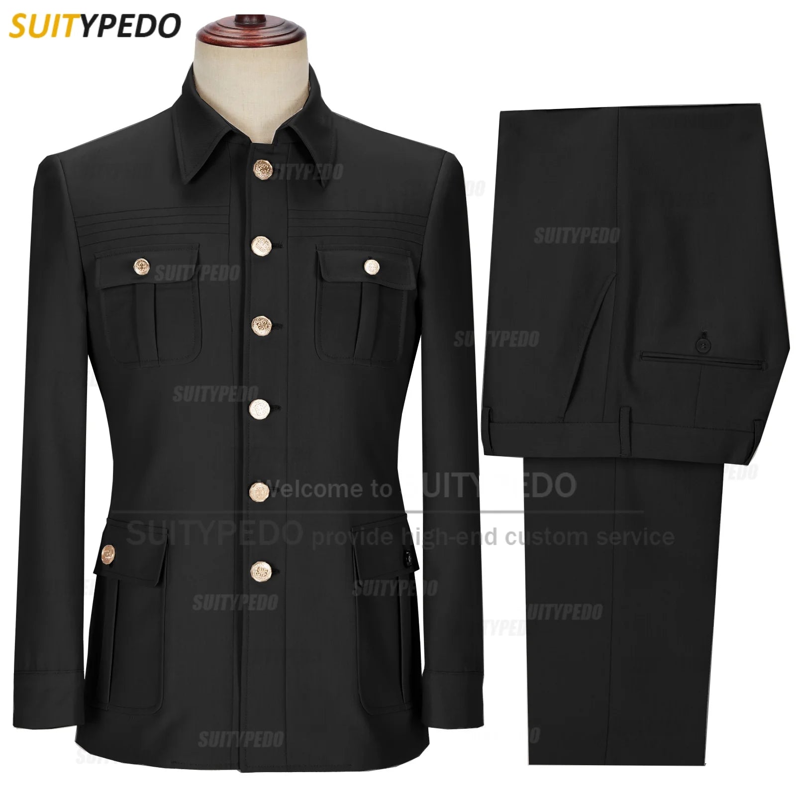 New Arrival  Elegant 2 Piece Slim Fit Men's Suits Fashion Four Pocket Wedding Party Suits（Blazer+Pants) Gold Button Texudos