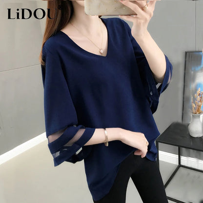 Summer Solid V-neck Mesh Patchwork Loose Casual Shirt Top Women Half Sleeve Oversized Fashion Blusa Simple Pullover Blouse