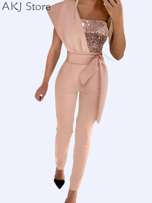 Women Elegant Sequin Decor One Shoulder Party Jumpsuit