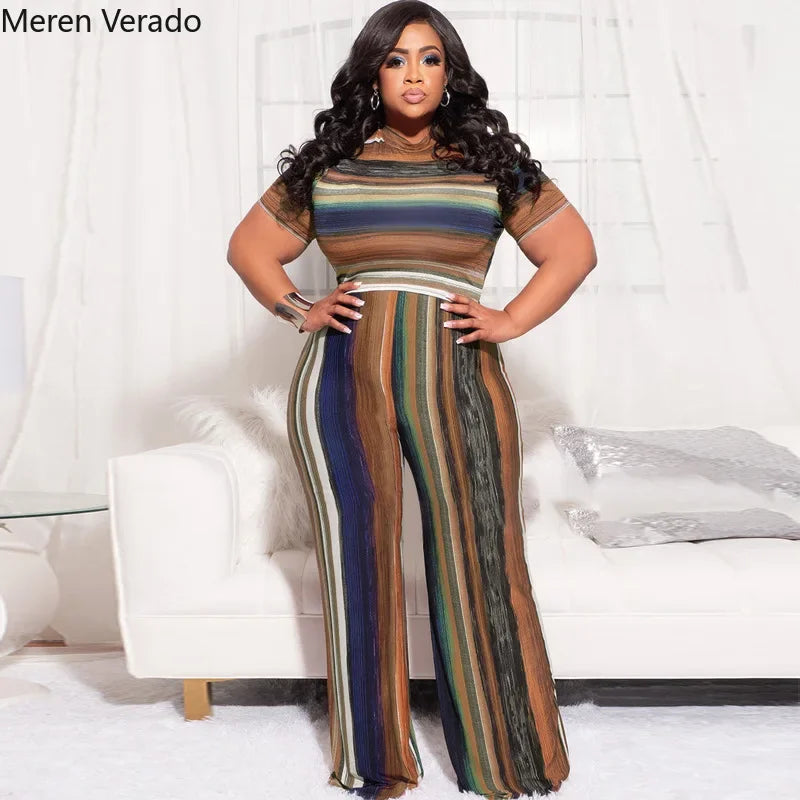 Meren Verado Plus Size Women Sweatsuit Striped Print Short Sleeve T-Shirt And Wide Leg Pants Matching Two 2 Piece Set Summer