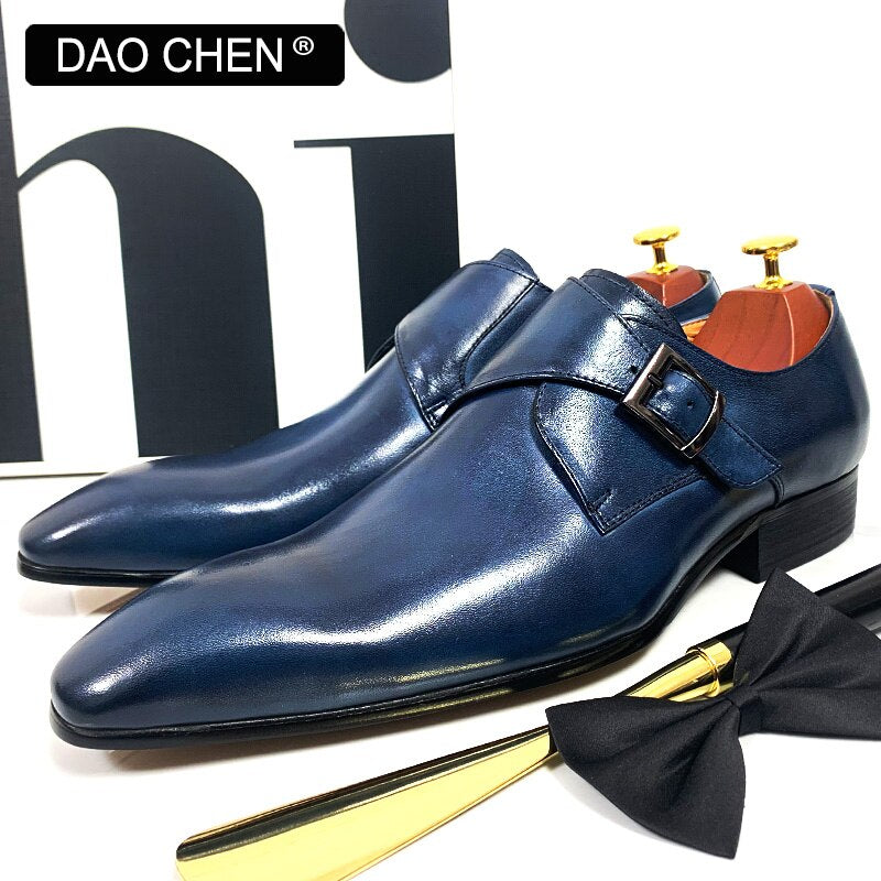 DAOCHEN MEN LEATHER SHOES BLACK BLUE MONK STRAP LOAFERS SLIP ON LUXURY BRAND CASUAL MENS DRESS SHOES WEDDING OFFICE MEN&#39;S SHOES