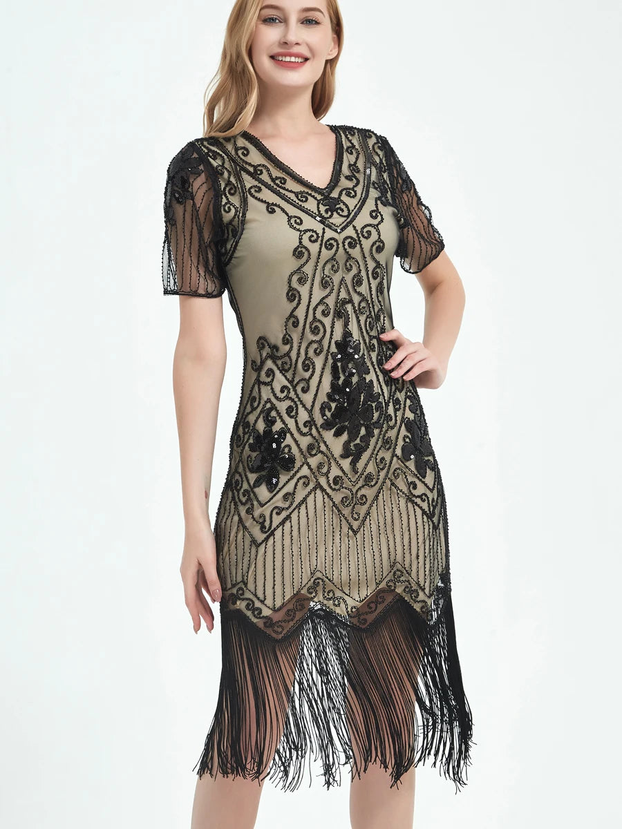 Embellished Beaded Sequin Dress Robe Vestidos Women 1920s Flapper Dress Vintage V Neck Butterfly Sleeve Long Great Gatsby Dress