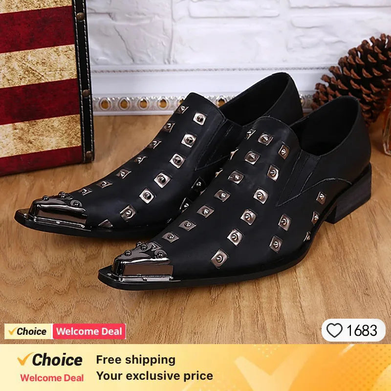 Italienische Herren-Abendschuhe aus Leder mit schwarzer Metallniete und spitzer Zehenpartie, flache Herrenschuhe für Party und Business