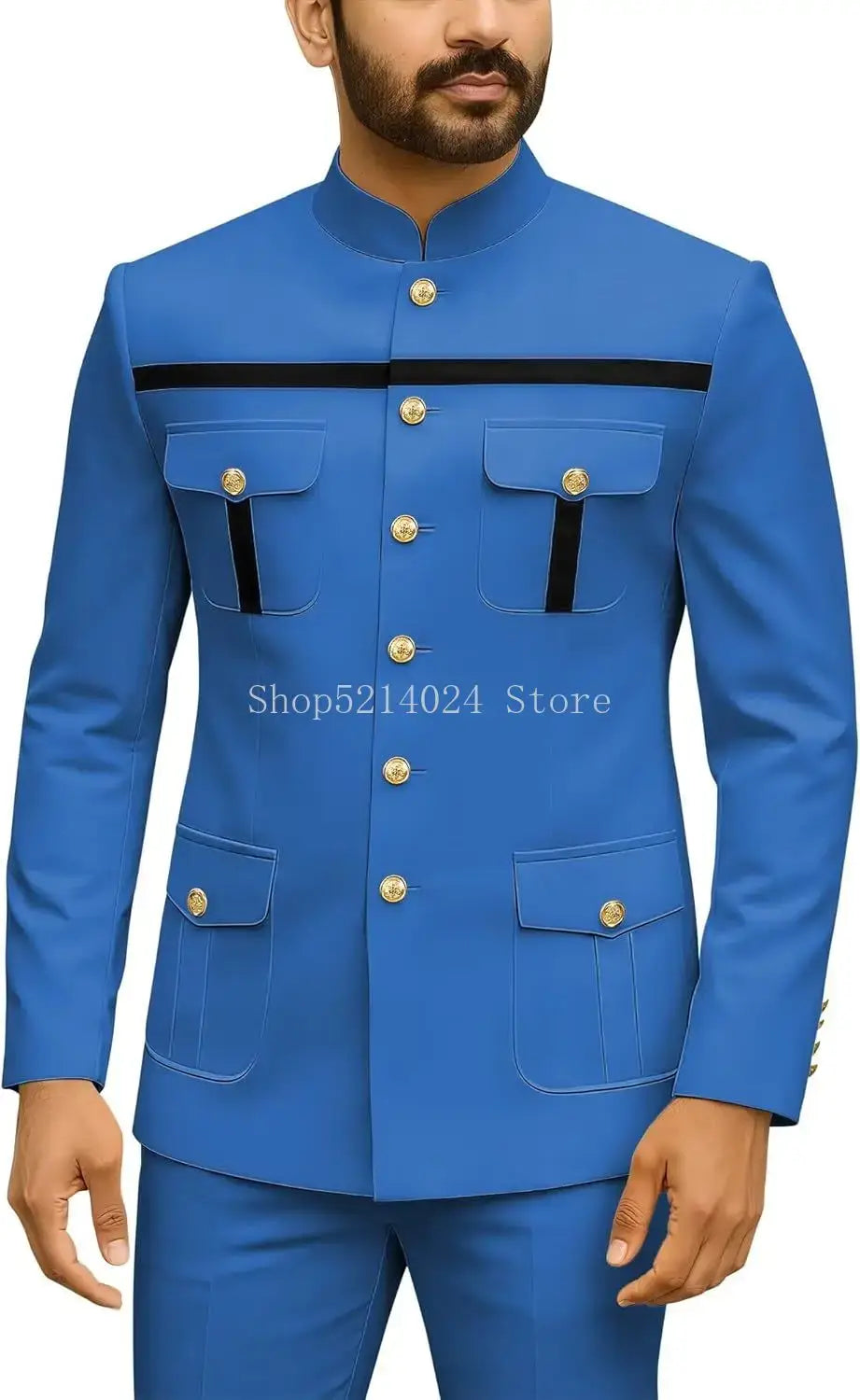 Herren Safari-Anzug 2-teilig Regular Fit Chinakragen Goldknopf Blazer Hose Set Afrikanische Outfits
