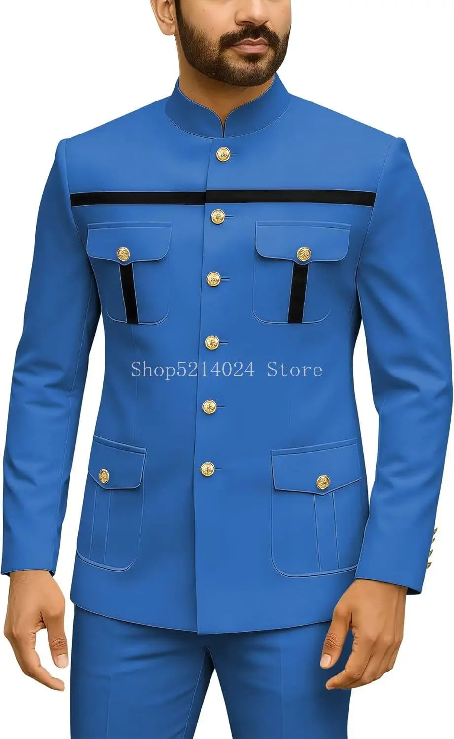 Mens Safari Suit 2 Piece Regular Fit Chinese Suit Stand Collar Gold Button Blazer Pants Set African Outfits