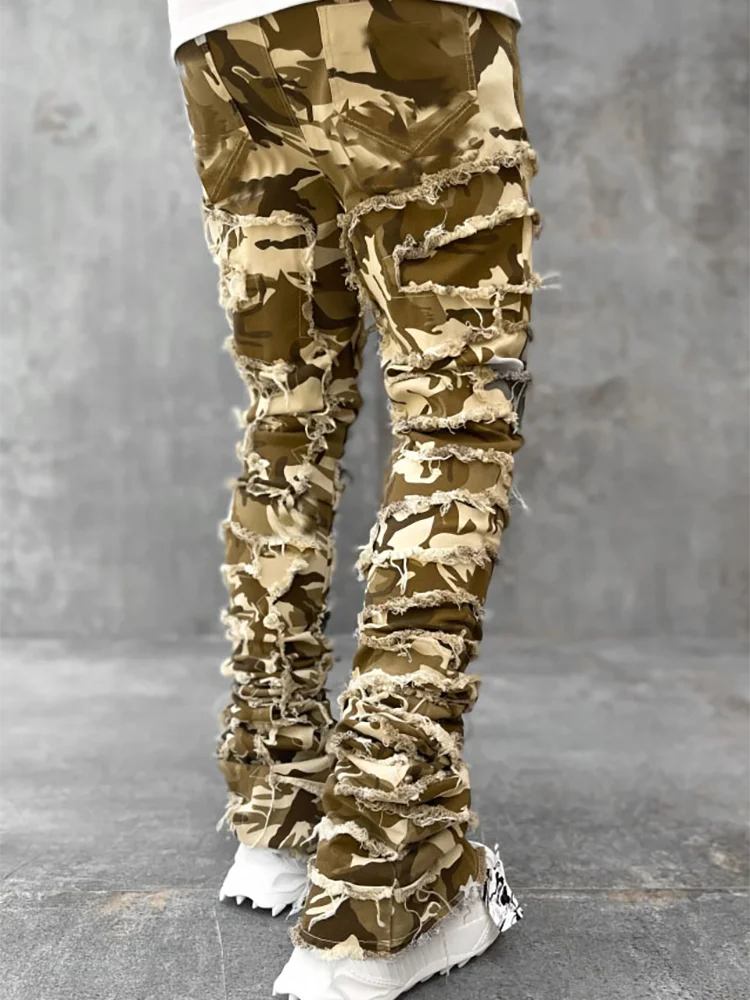 New European Camo Pants Men High Street Slim Fit Stretch Patched Denim Ripped Male's Stacked Jeans