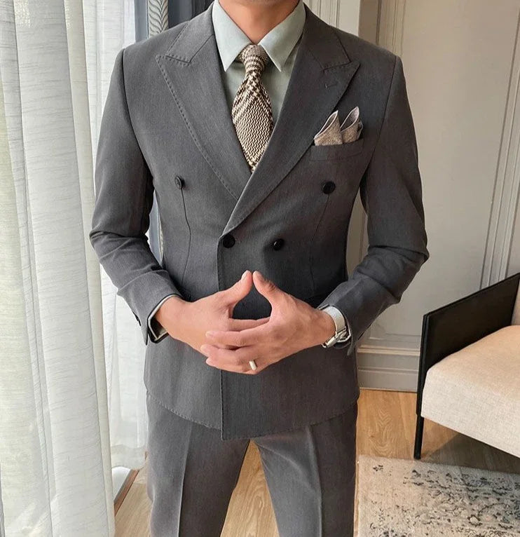 Casual Double Breasted Slim Fit 2 Piece Outfit Set Man Korean High Quality 2024 Full Suit for Men Clothes Gentleman Pants Blazer