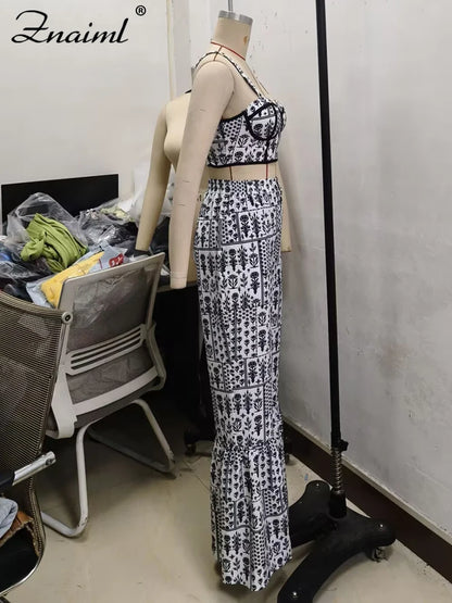 Znaiml Sexy Spaghetti Strap Backless Crop Top and Flare Pants 2 Pieces Set Woman Fashion Black White Print African Outfits