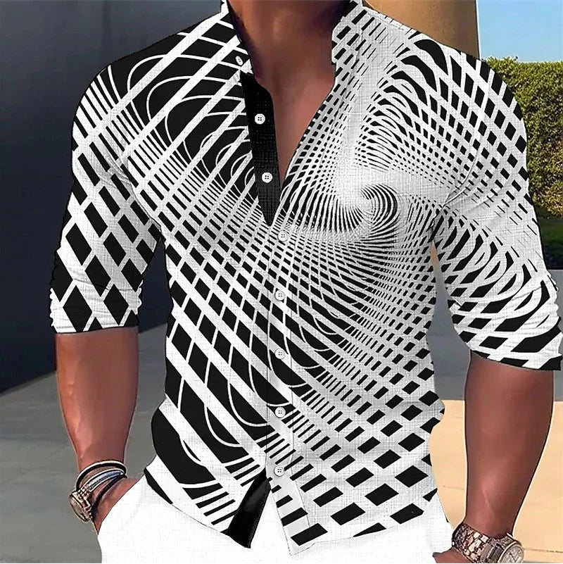 Men's Shirt Optical Illusion Graphic Stand Collar Long Sleeve Print Clothes Clothing Fashion Street Designer Casual Tops