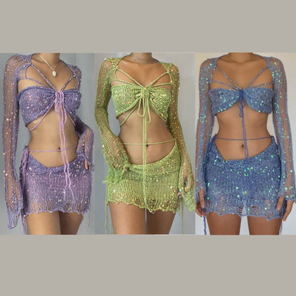 Crochet Knitted Dress Two Piece Skirt Sets  Summer Women Clothes Sexy Crop Tops Elegant Knit Sequin Dress 2 Piece Set Outfit