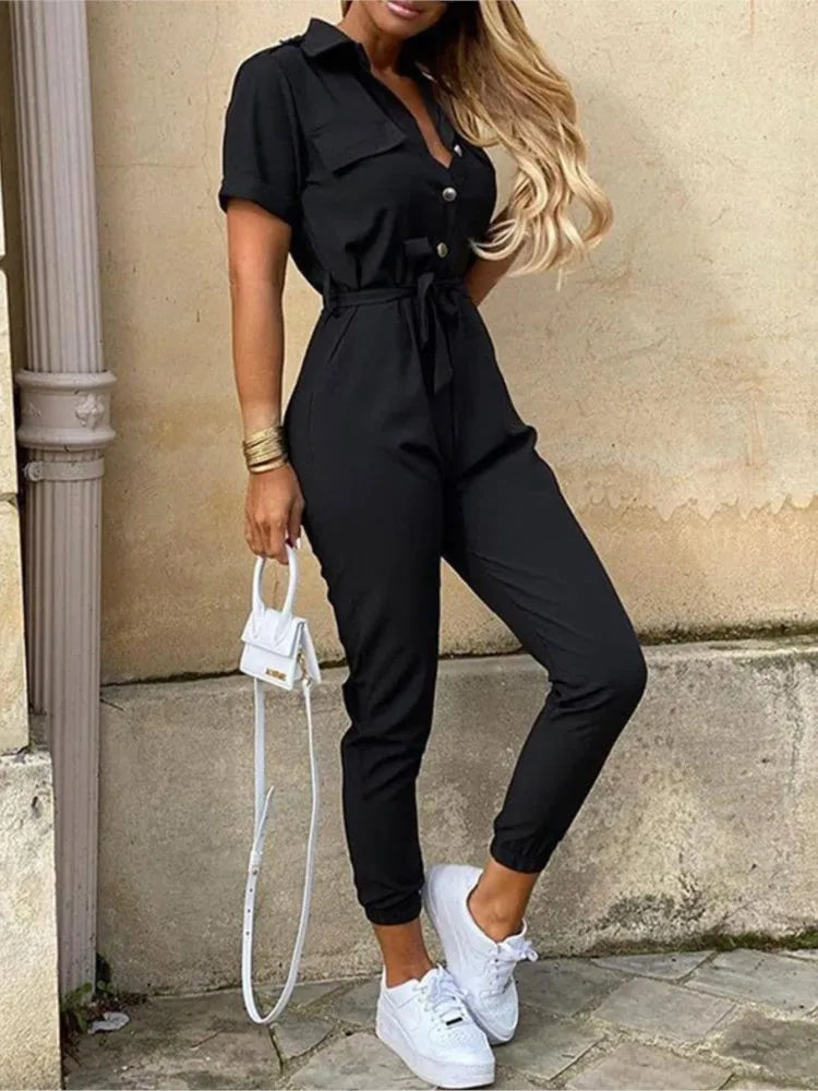 Summer Women's New Fashion Flip Collar Button Print Belt Lace Up Work Dress Casual Capris Jumpsuit Office