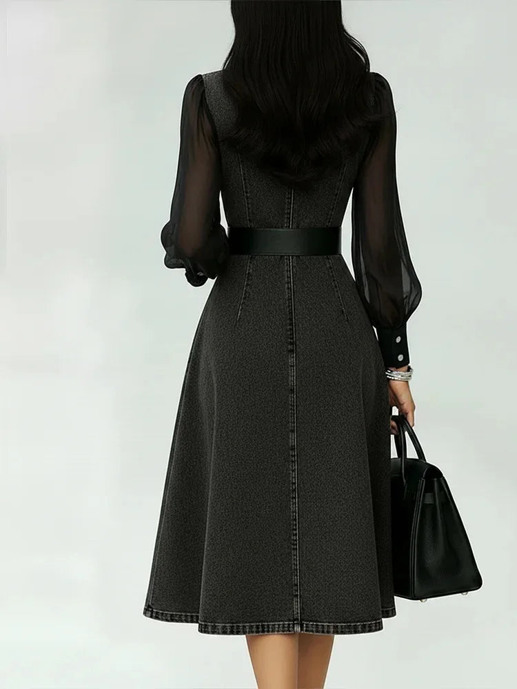 Streetwear Denim A-Line Dress Summer Women Tulle Puff Long Sleeve See Through V Neck Maxi Dresses Vintage Jean Dress With Belt
