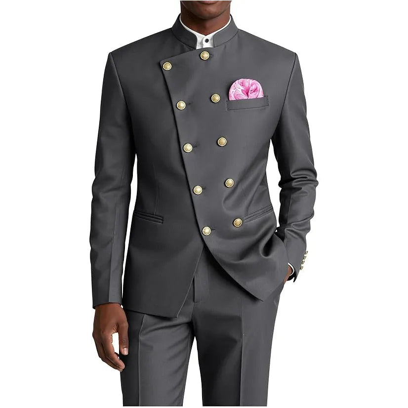 Men's Business Casual Suit 2 Piece Brown Mandarin Collar Double Breasted With Gold Buttons