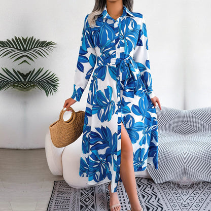 F  New Women Spring Summer Contrast Floral Polo Collar Lace Up Shirt Dress For Ladies Single Breasted Long Dress