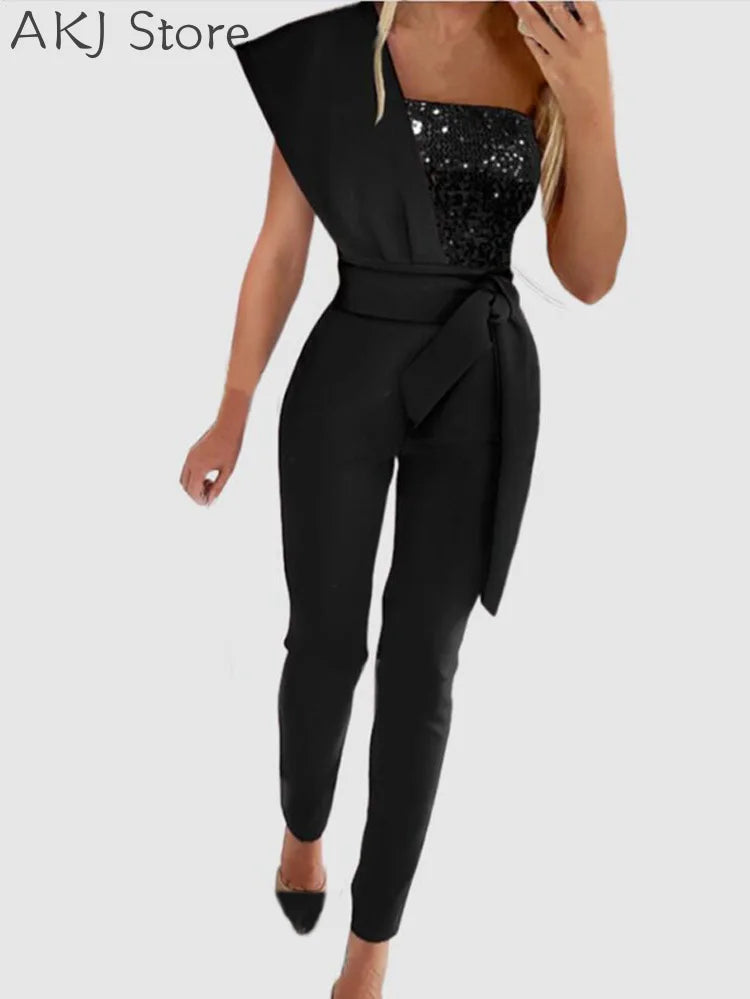 Women Elegant Sequin Decor One Shoulder Party Jumpsuit