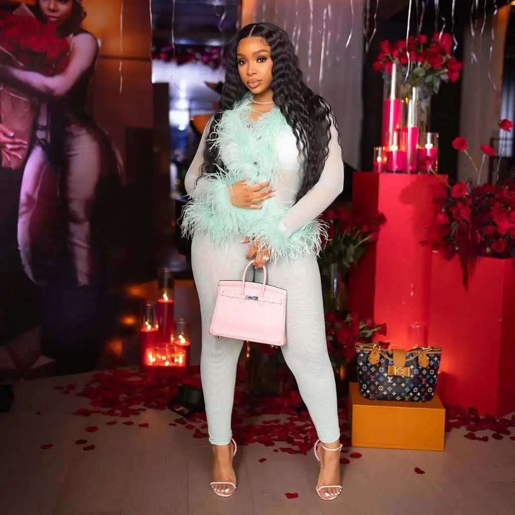 CM.YAYA Fashion Mesh See Though Women's Set Feather Side Long Sleeve Crop Top and Legging Pants  Sexy Two 2Piece Sets Outfit