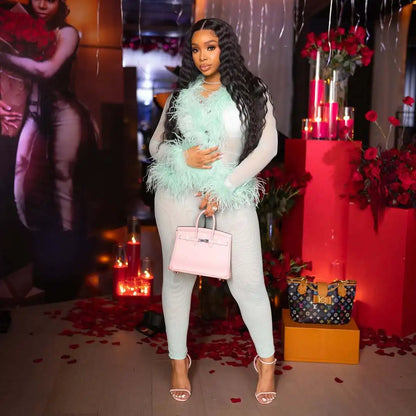 CM.YAYA Fashion Mesh See Though Women's Set Feather Side Long Sleeve Crop Top and Legging Pants  Sexy Two 2Piece Sets Outfit