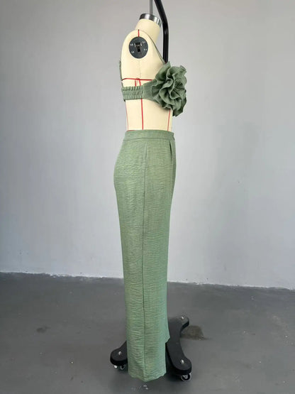 Joskaa Elegant 2 Piece Sets Women Sexy 3D Flower Crop Camisole and Straight Leg Pants Matching  Summer Vacation Streetwear