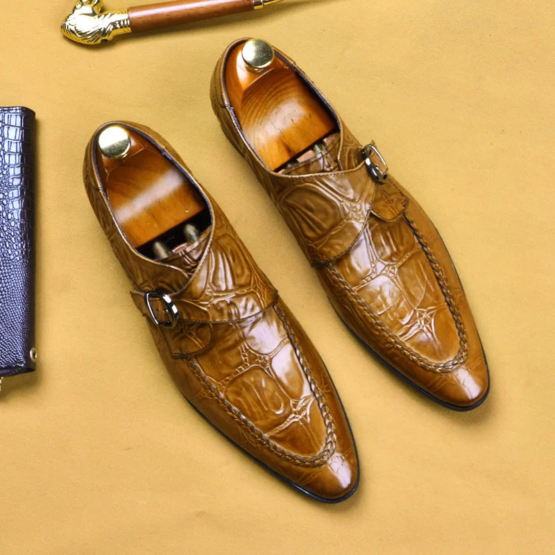 Genuine Leather Luxury Man Loafers Monk Strap Men Formal Dress Shoes Fashion Business Wedding Crocodile Pattern Oxford Shoes