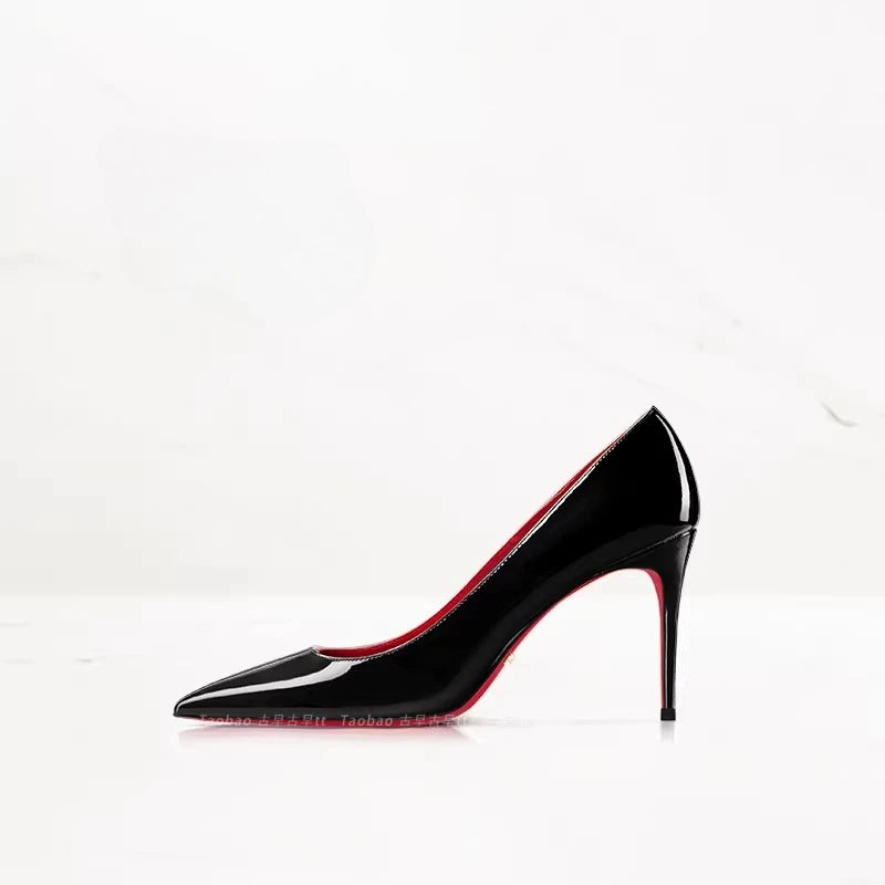 2026 Spring New High-end Black High-heeled Shoes for Women, Thin-heeled, Pointed Toe, Patent Leather, Elegant Single Shoes