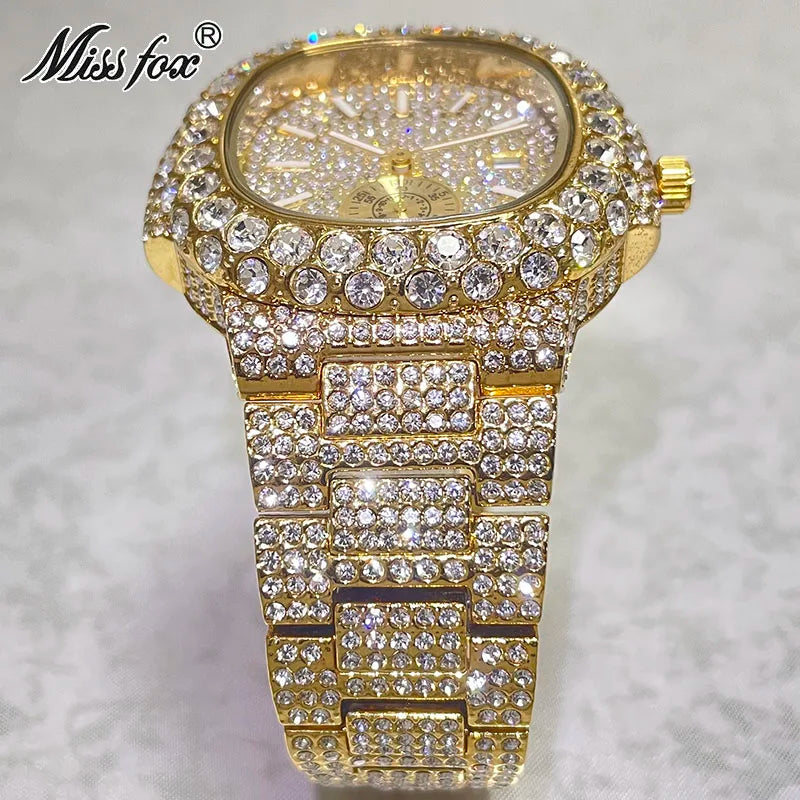 Hip Hop Brand MISSFOX Fashion Iced Out Watches Men Luxury Full Diamond 18K Gold Automatic Date Clock Steel Waterproof Watch Male