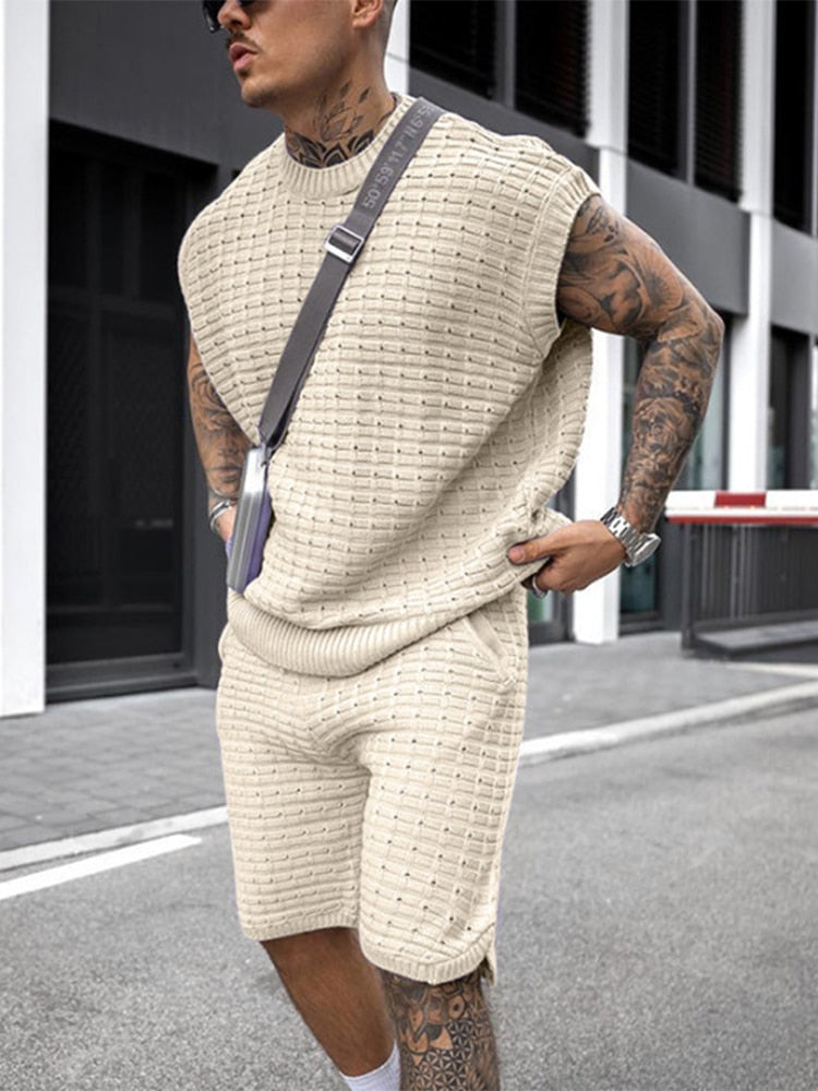 2023 Summer Men Fashion Outfits Knitted Solid Color Loose Suit Two Piece Sets Mens Casual O Neck Pullover and Shorts Suits