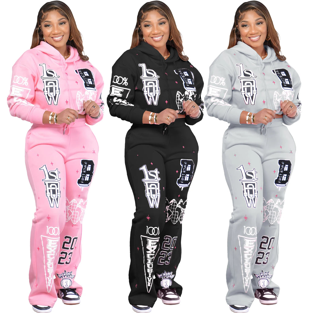 2023 autumn and winter new fashion casual printed drawstring pocket sweatshirt thickened two-piece women's suit