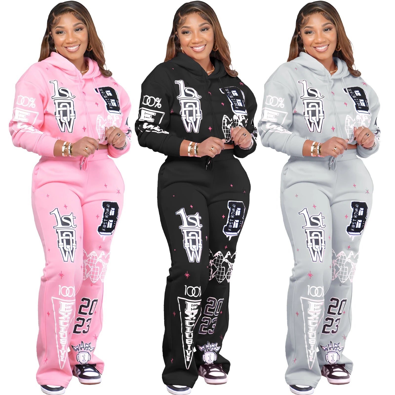 2023 autumn and winter new fashion casual printed drawstring pocket sweatshirt thickened two-piece women's suit