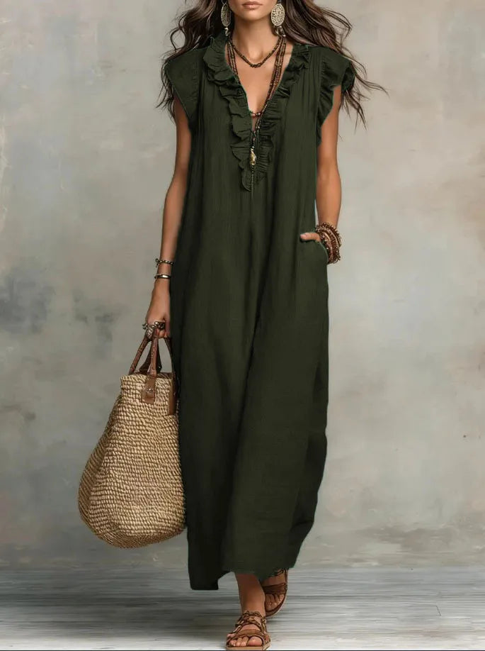 Women's Retro Bohemian Ruffle Linen Maxi Dress, Ruffle V-Neck Sleeveless Loose Summer Dress with Pockets, Summer Casual High-Waist Loose Beach Maxi Dress, Sunny Dress with Flutter Sleeves and Floor-Length Skirt