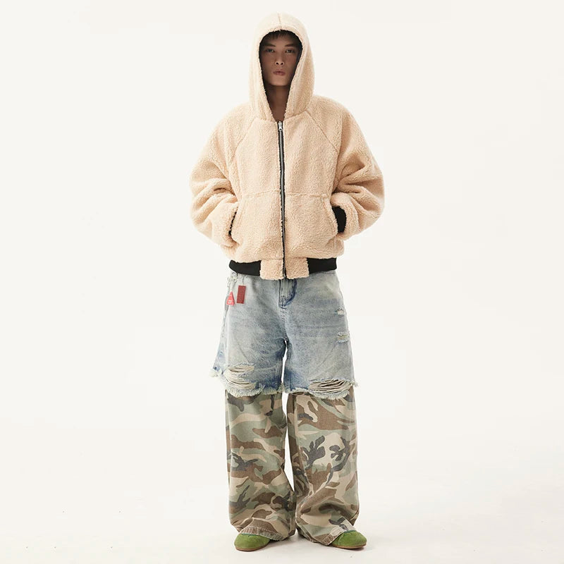 PFNW Niche Design Men's Jeans Washed Distressed Colorblock Splic Fake Two Piece Loose Straight Trousers Wide Leg Pants 28W5474