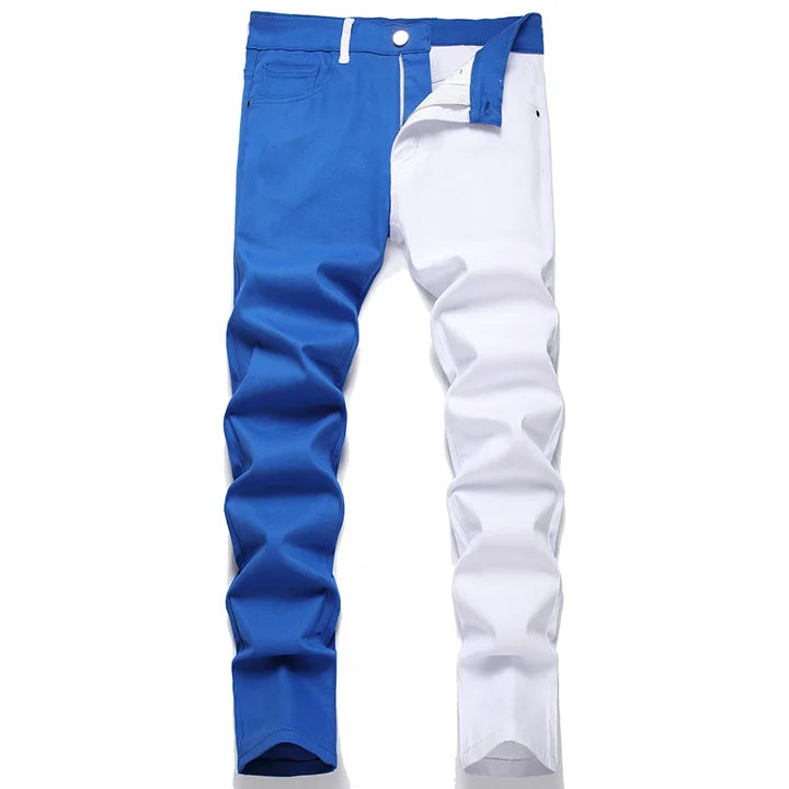 Mcikkny Men Fashion Casual Jeans Pants Color Block Patchwork Denim Trousers Slim Fit