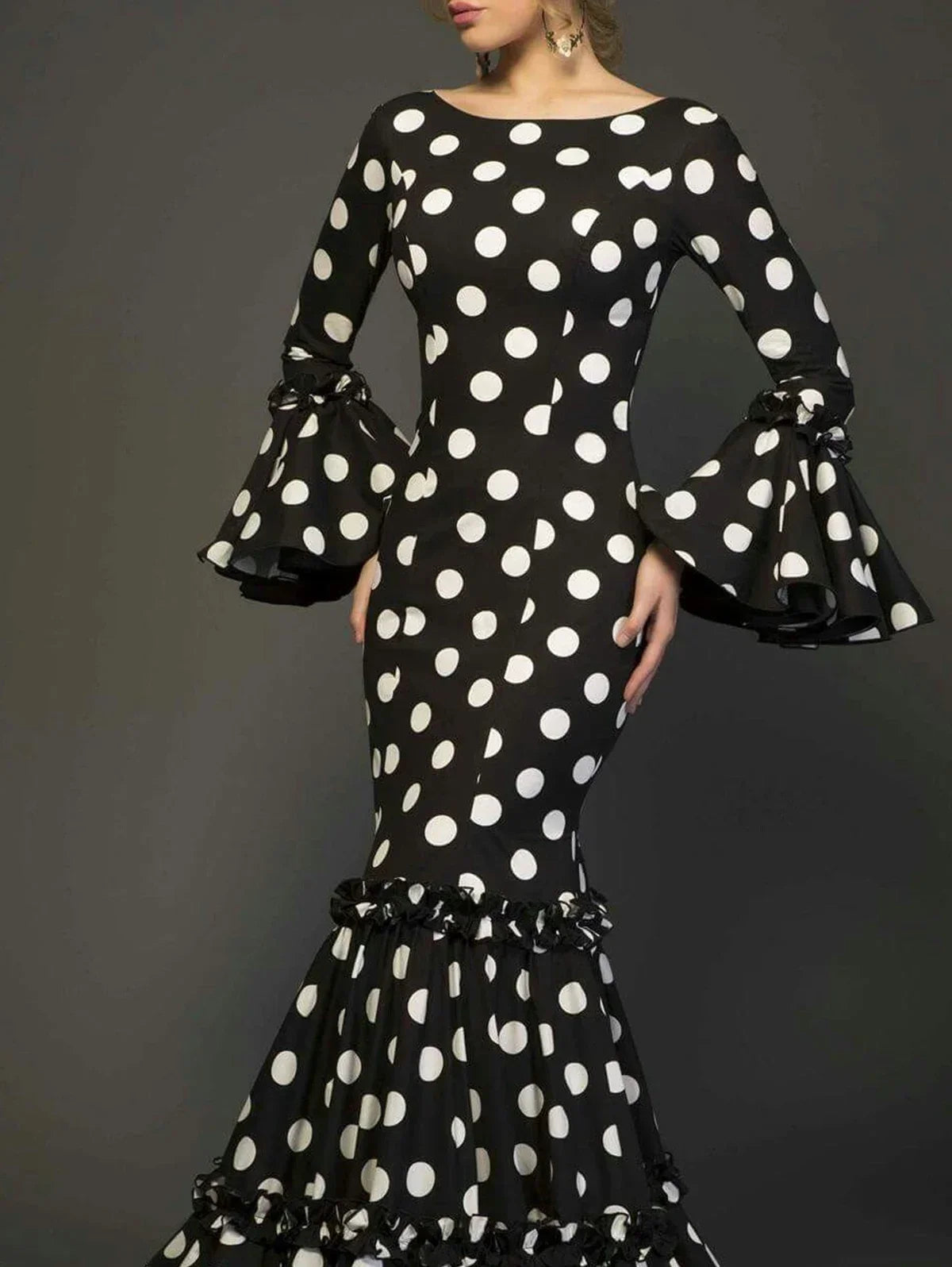 Elegant Party Long Dress Women Polka Dot Printed Ruffle Hem Sundress 2025 Bohemian Casual O-neck Flare Sleeve Slim Maxi Robe