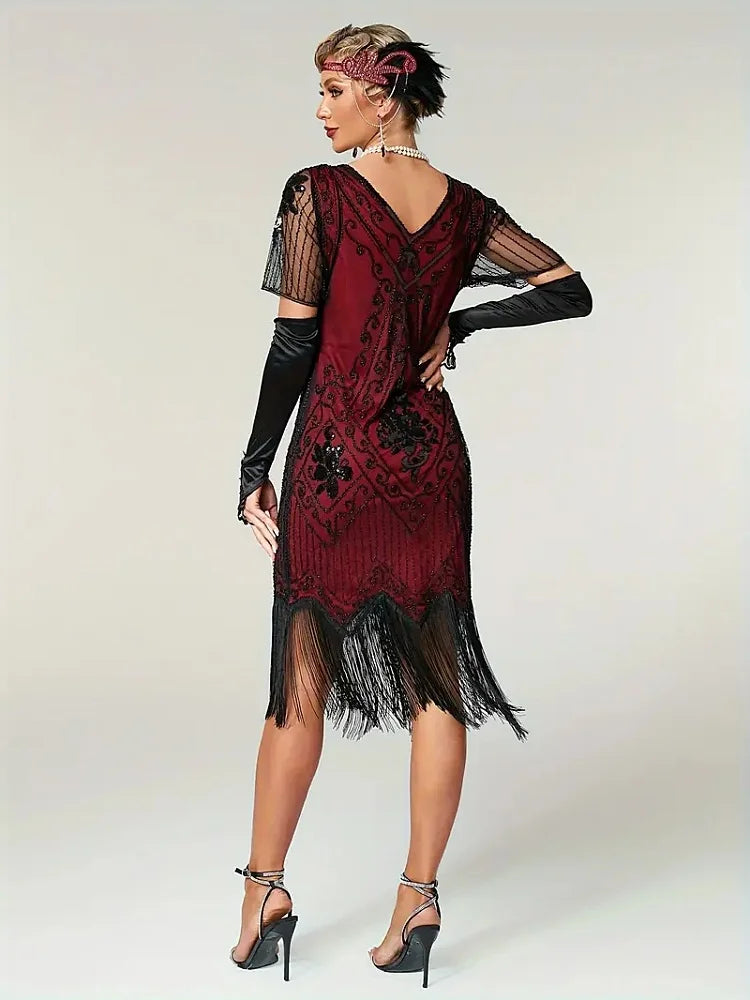 Embellished Beaded Sequin Dress Robe Vestidos Women 1920s Flapper Dress Vintage V Neck Butterfly Sleeve Long Great Gatsby Dress