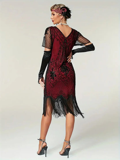 Embellished Beaded Sequin Dress Robe Vestidos Women 1920s Flapper Dress Vintage V Neck Butterfly Sleeve Long Great Gatsby Dress
