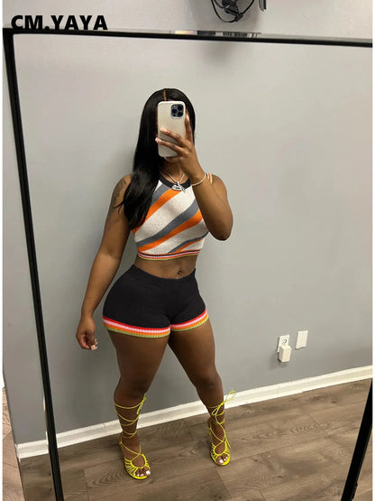 CM.YAYA Knit Ribbed Fashion Women's Set Striped Tank Top and Shorts Suit  Summer Chic Two 2 Piece Set Outfit Tracksuit