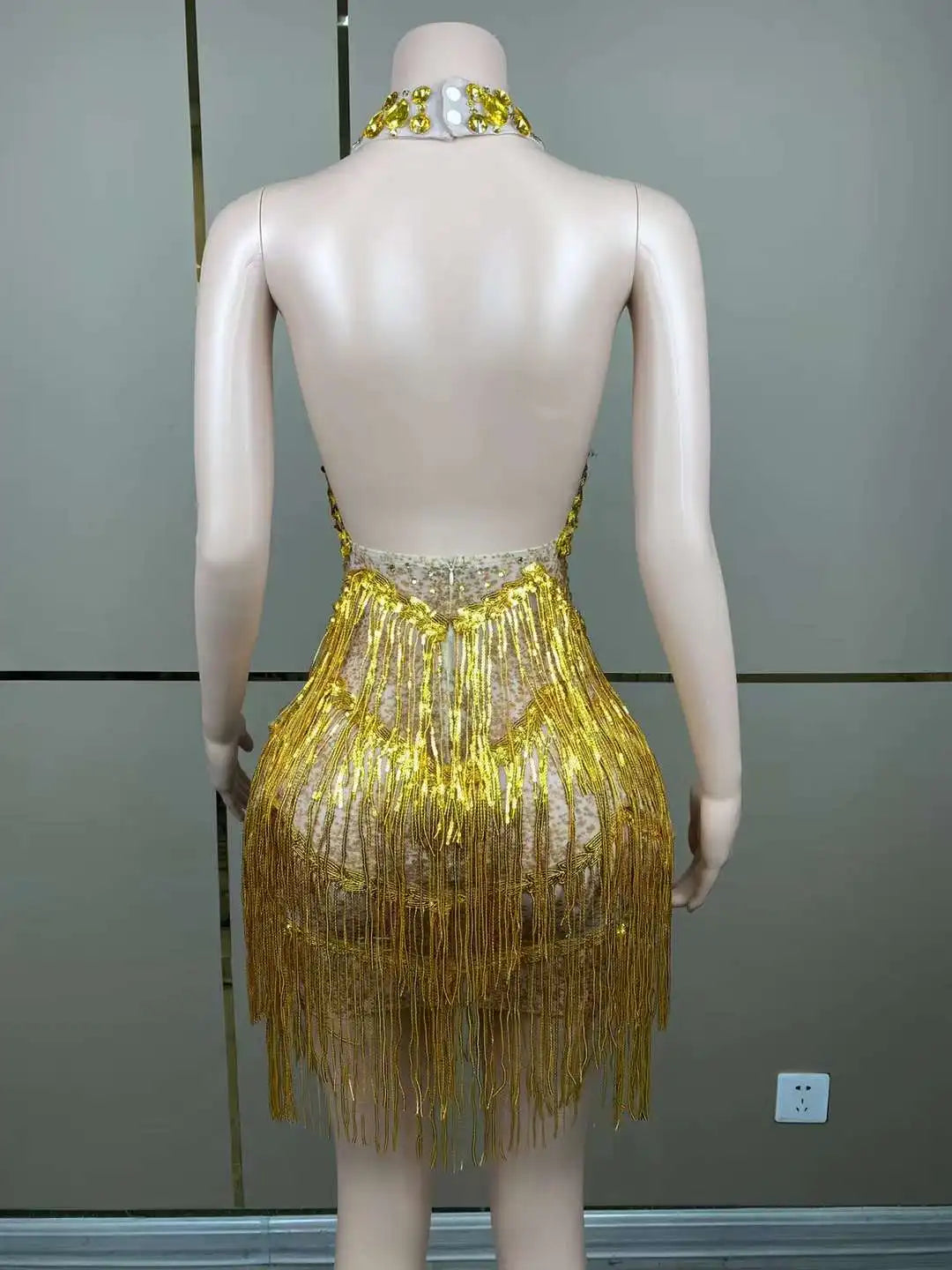 Women New Sexy Fashion Gold Fringe Silver Rhinestones Pearls Transparent Dress Dance Show Costume Birthday Party Outfit Dress