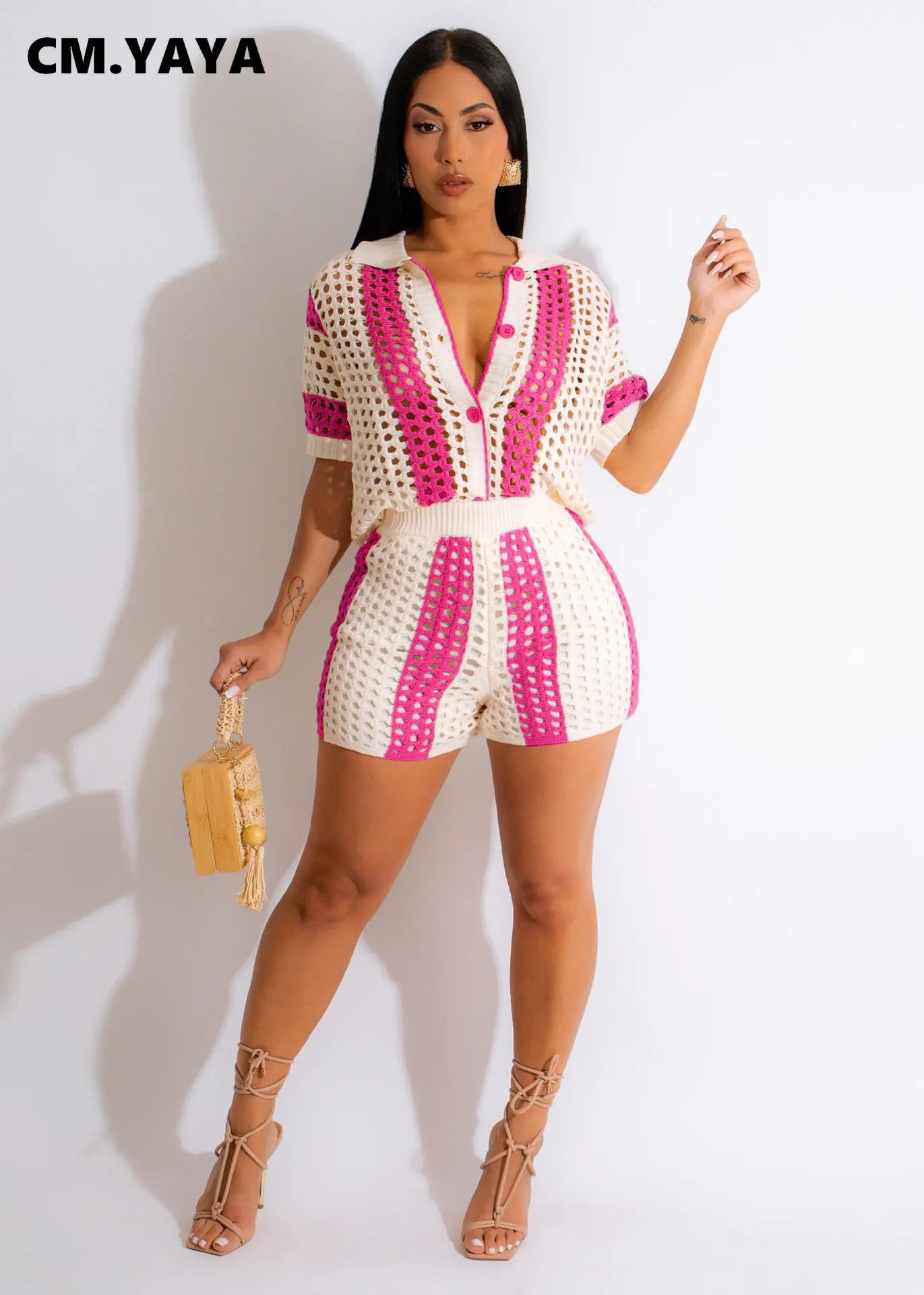 CM.YAYA Knit Ribbed Crochet Patchwork Women's Set Short Sleeve Shirt Sweater + Shorts Suit 2023 Two 2 Piece Set Outfit Tracksuit